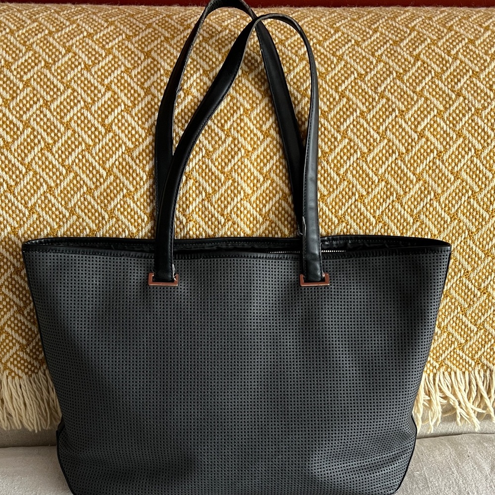 Lo & Sons Seville Black Perforated Tote with Changeable Shell Leather Nylon